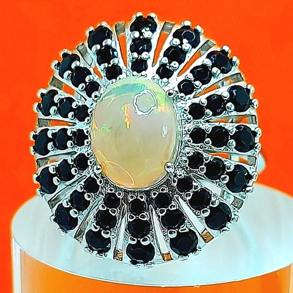Unheated Oval Fire Opal 10x8mm Black Spinel 925 Sterling Silver Ring SZ 7.25 - Picture 2 of 9